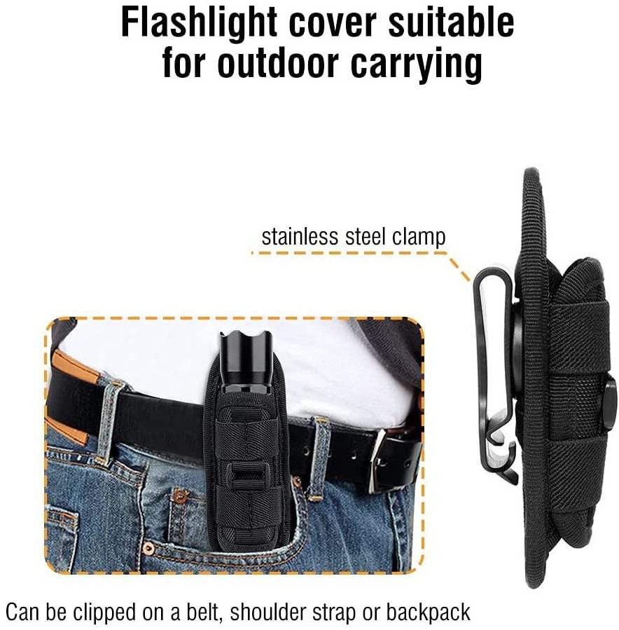 Flashlight Holster, Tactical Pounch Hunting Light Holder Duty Belt Clip Adjustable Torch Carry Case, Nylon Fixing Strap