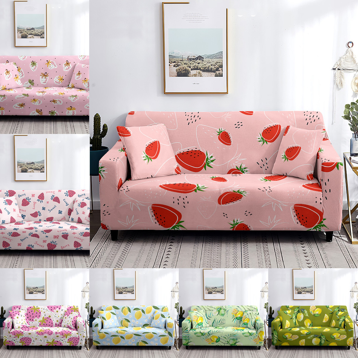 Online Fruit Lemon Elastic Sofa Bed Cover Mushroom Tropical Flowers L Shape 7 Seater Corner Strawberry Couch Cover Furniture