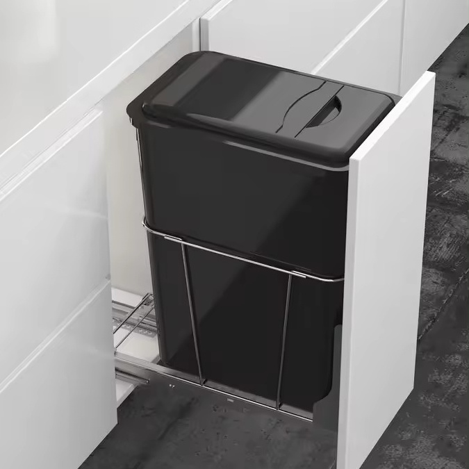 2024 Recycling Bin Waste Kitchen Cabinet Furniture Black  plastic waste bin pull out garbage waste bin for kitchen organizer