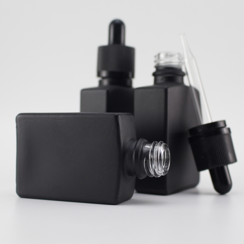 Black matte 50ml rectangle glass dropper bottle with child proof cap