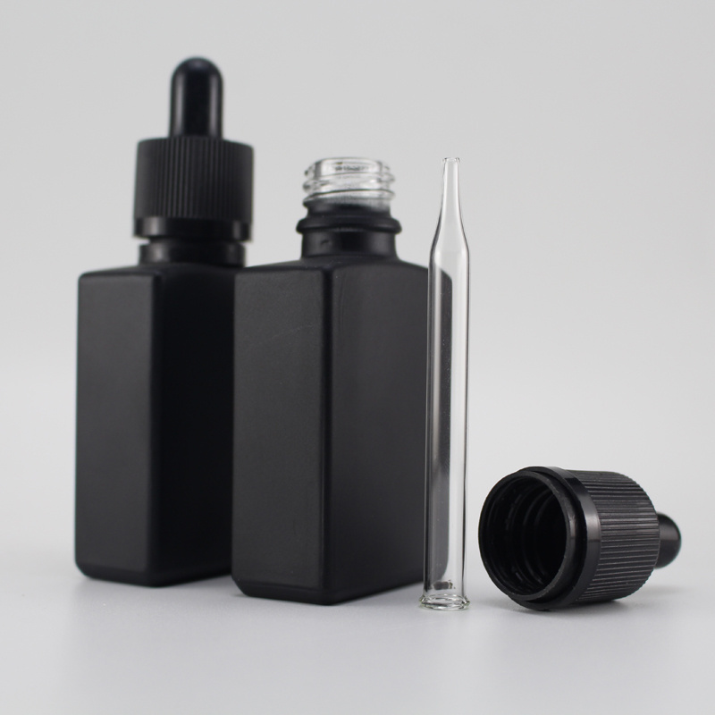 Black matte 50ml rectangle glass dropper bottle with child proof cap