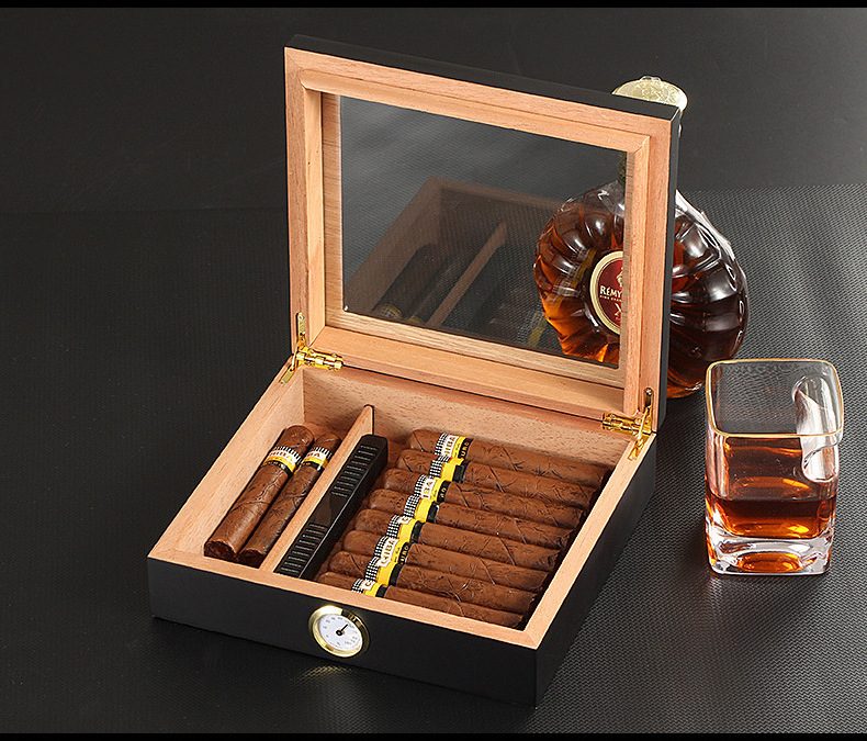 Handmade Cigar Wood Humidor Cedar Cigar Desktop Box with Humidifier and Hygrometer Glass Top for 25 Cigars Gift For Men