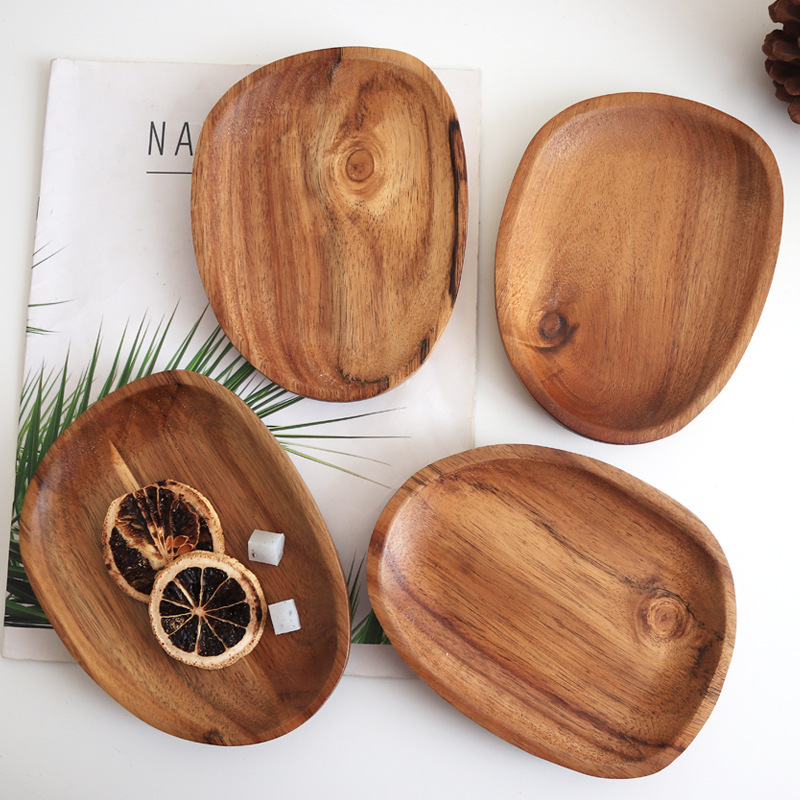 Japanese-style Household Nordic Modern Simple  Small Oval Boat Shape Plate Dishes Decorative Wooden Acacia Tray