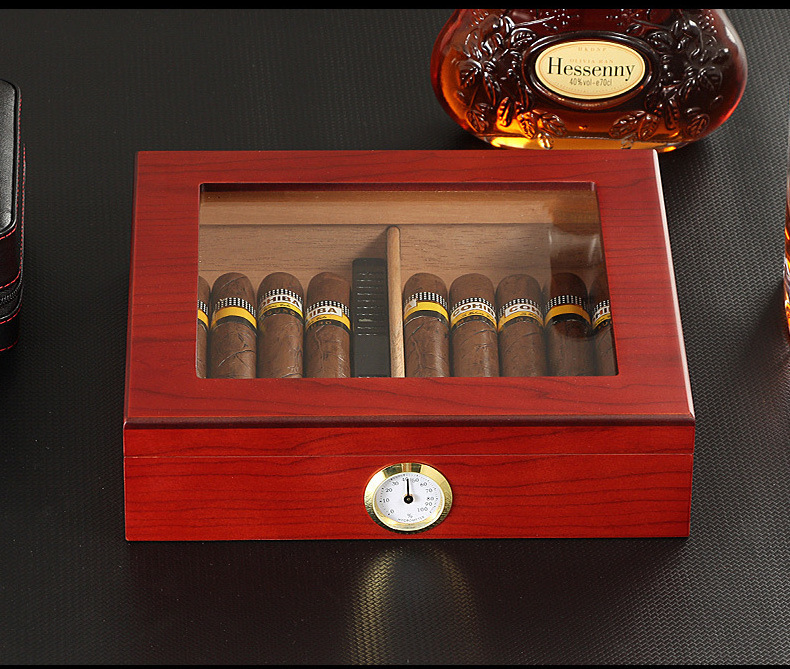 Handmade Cigar Wood Humidor Cedar Cigar Desktop Box with Humidifier and Hygrometer Glass Top for 25 Cigars Gift For Men