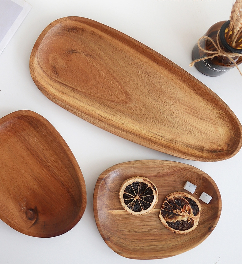 Japanese-style Household Nordic Modern Simple  Small Oval Boat Shape Plate Dishes Decorative Wooden Acacia Tray