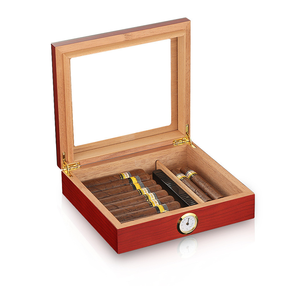 Handmade Cigar Wood Humidor Cedar Cigar Desktop Box with Humidifier and Hygrometer Glass Top for 25 Cigars Gift For Men