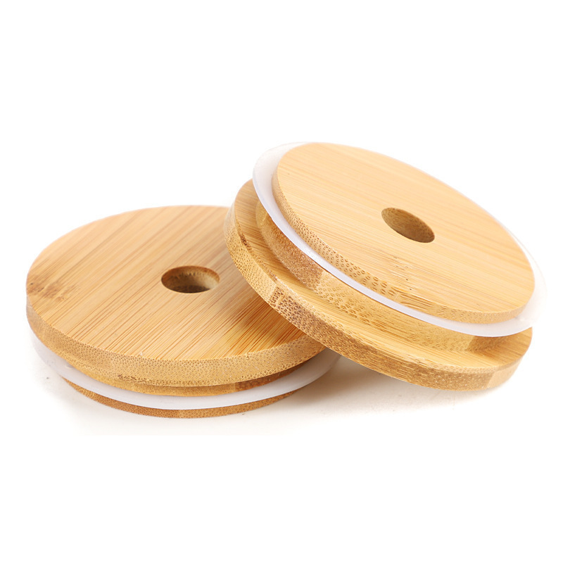 Bamboo Wooden Lids Natural Storage Cans Mugs Glasses Jars Reusable Dustproof Cup Covers with Silicone Sealing Rings