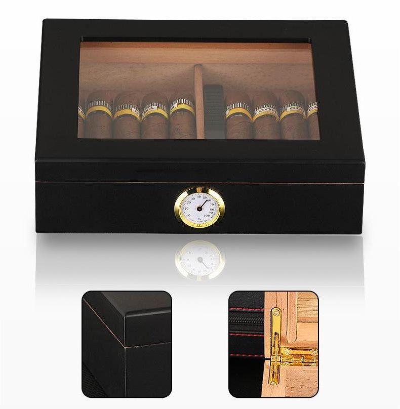 Handmade Cigar Wood Humidor Cedar Cigar Desktop Box with Humidifier and Hygrometer Glass Top for 25 Cigars Gift For Men