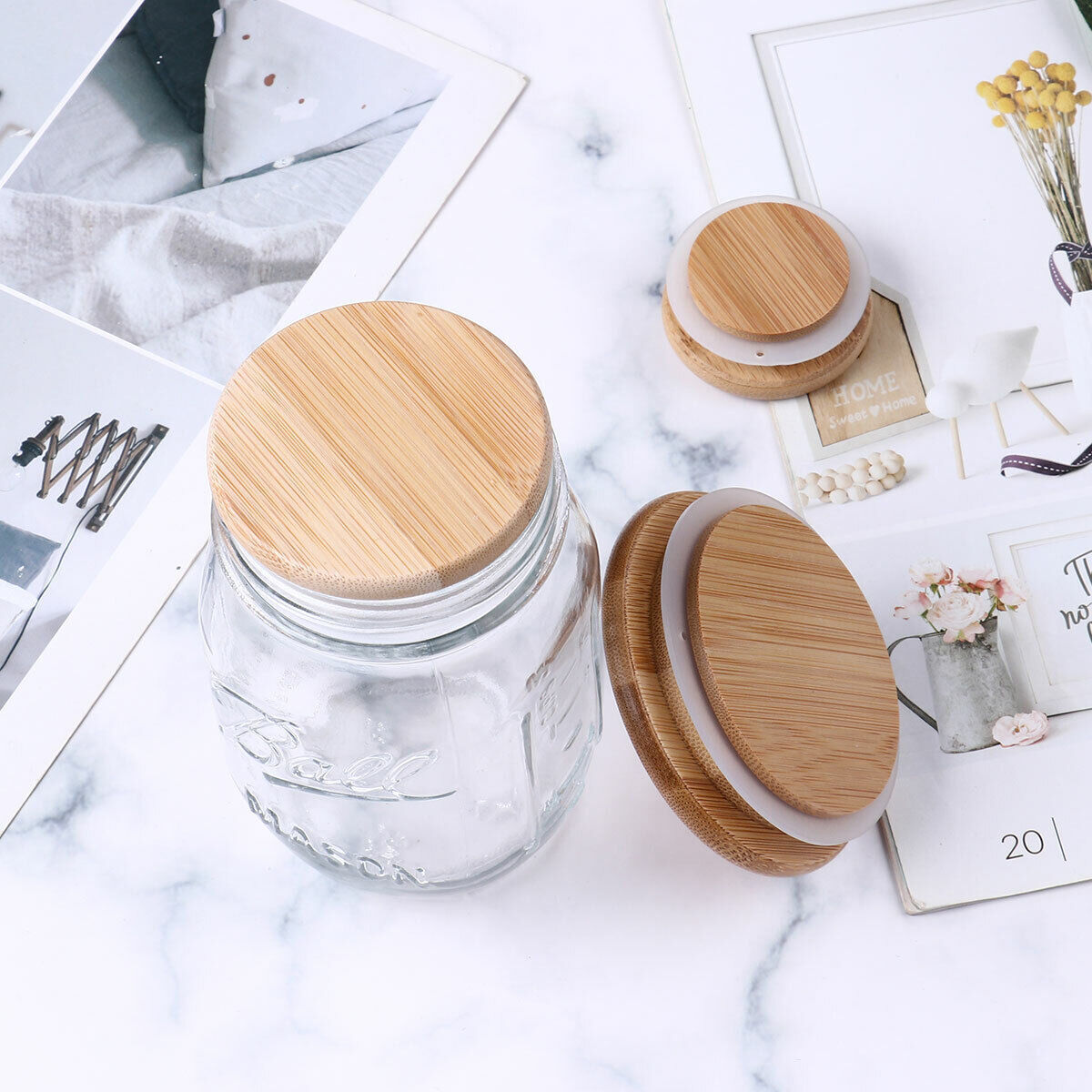 Bamboo Wooden Lids Natural Storage Cans Mugs Glasses Jars Reusable Dustproof Cup Covers with Silicone Sealing Rings