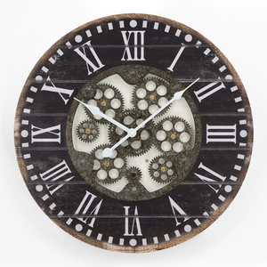 American Design Black Brown Wood Frame Shiplap Gears Farmhouse MDF Wooden Wall Clock