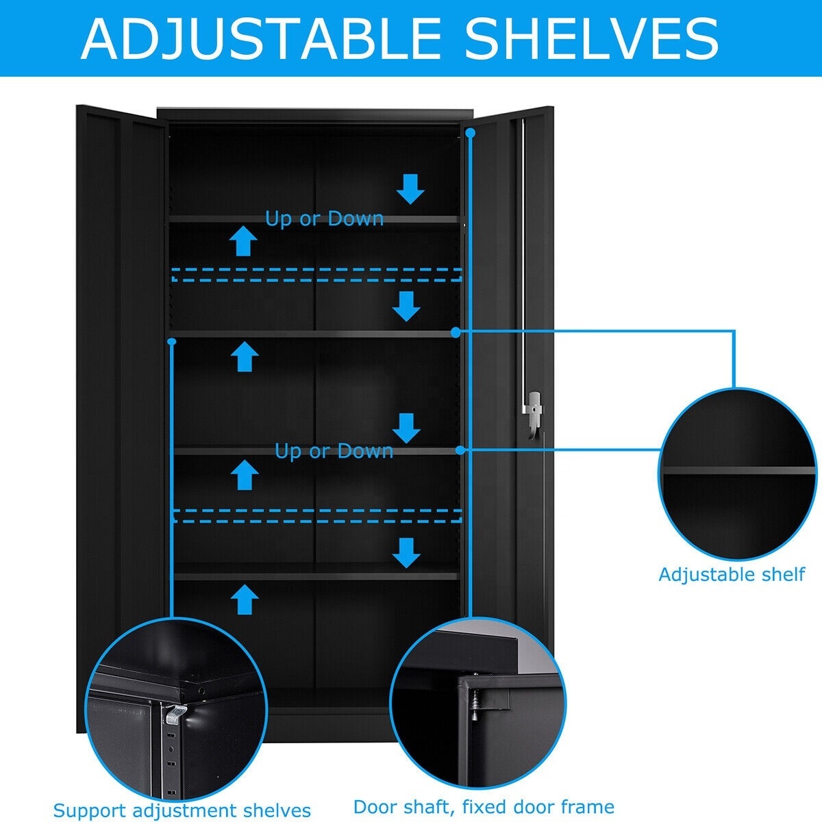 Top Quality Adjustable Shelves Locking 2 Doors Steel Cupboard Office Metal Tall Garage Storage Black Cabinet Filing Cabinet