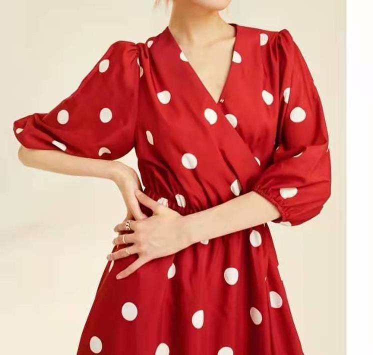 Korean style fashion ladies printed dot red deep v sexy princess beauty dresses