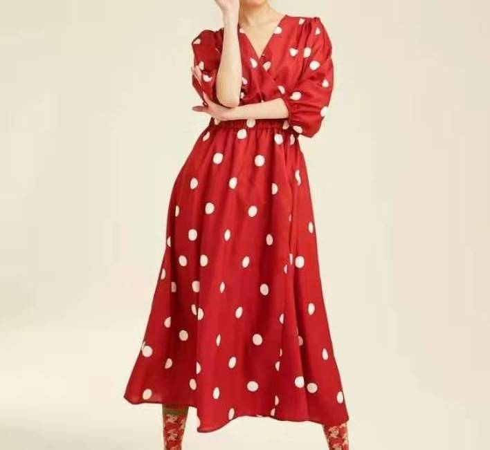 Korean style fashion ladies printed dot red deep v sexy princess beauty dresses