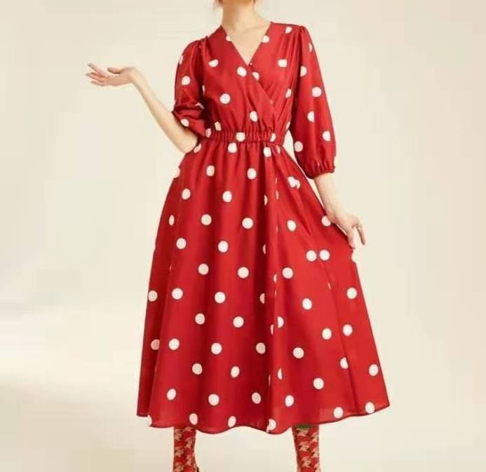 Korean style fashion ladies printed dot red deep v sexy princess beauty dresses