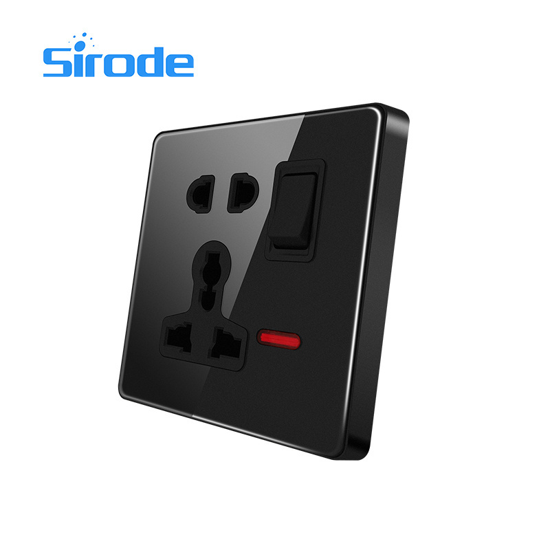 Sirode T1 Series British Standard Black Acrylic Glass Plate 4 Gang 1 Way Electrical Wall Switches And Sockets For Home