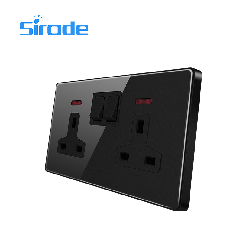 Sirode T1 Series British Standard Black Acrylic Glass Plate 4 Gang 1 Way Electrical Wall Switches And Sockets For Home