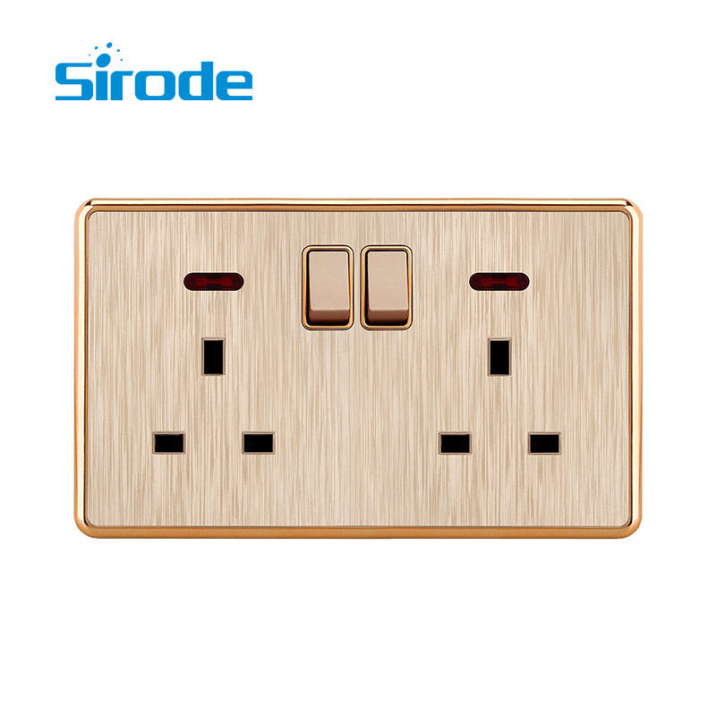 Sirode T3 Series British Standard Modern Luxury Gold Color 3D Brushed PC 13A Electric Wall Switched Sockets For Home