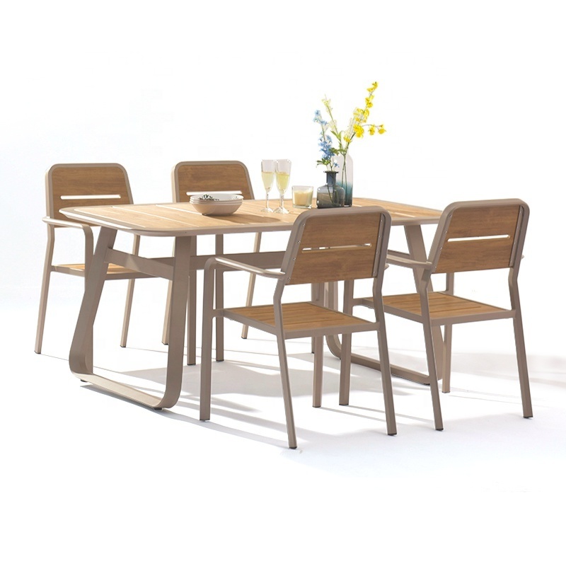 Restaurant garden outdoor dining table chair set portable plastic wood patio furniture set