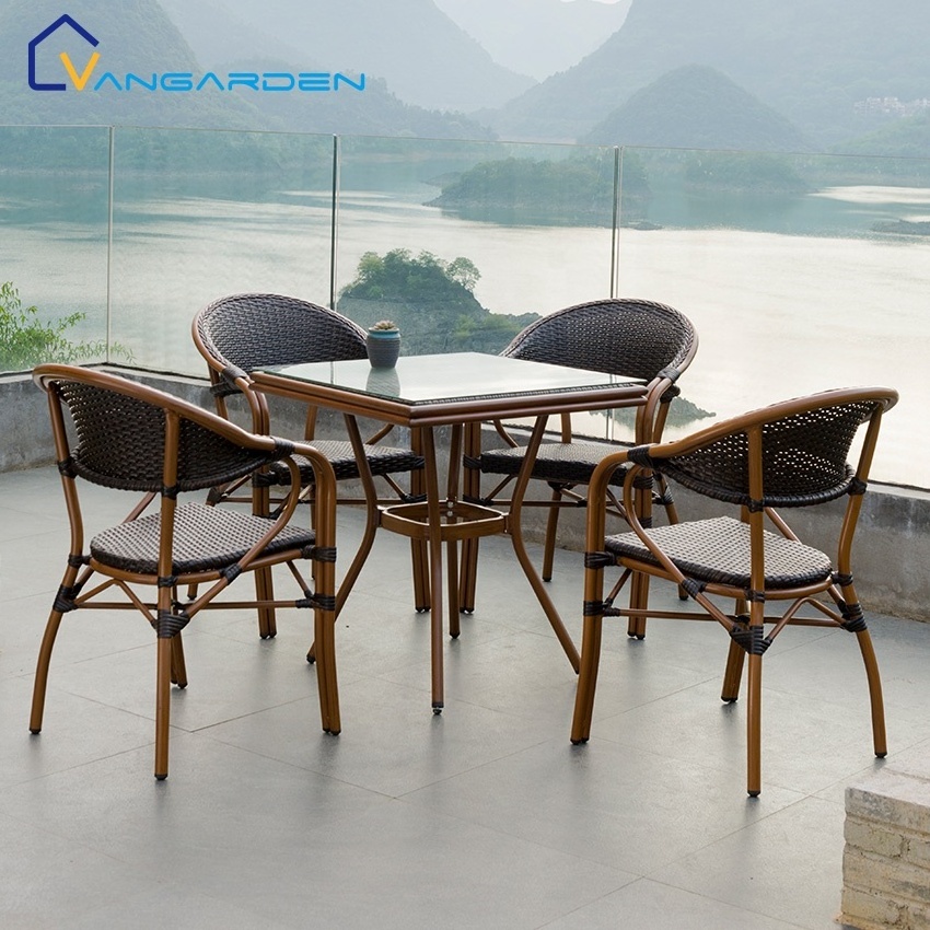 Outdoor Vintage French Restaurant Garden Balcony Chairs And Table Set Bistro Metal Table And Chair Cafe Rattan Set