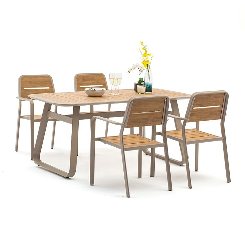 Restaurant garden outdoor dining table chair set portable plastic wood patio furniture set