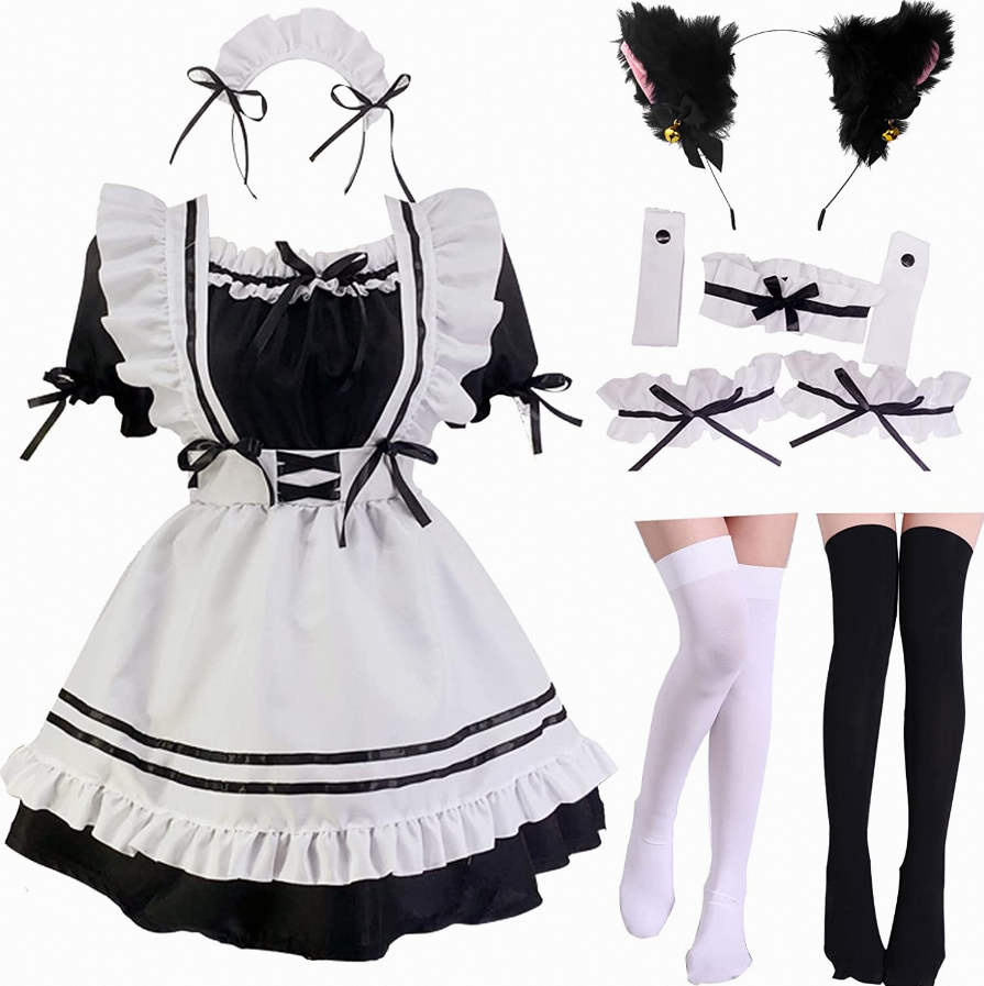 Custom Cute Maid Cosplay Costume Lolita Dress Short Sleeves Color Blocked Waitress Pinafore Outfit Halloween Outfit for Girls