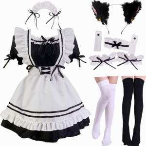 Custom Cute Maid Cosplay Costume Lolita Dress Short Sleeves Color Blocked Waitress Pinafore Outfit Halloween Outfit for Girls