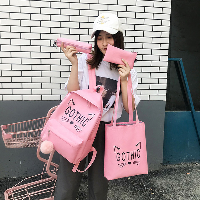 trending 2019 oem Factory wholesale women canvas backpack cute cat fashion leisure college wind girl bag set package School bag