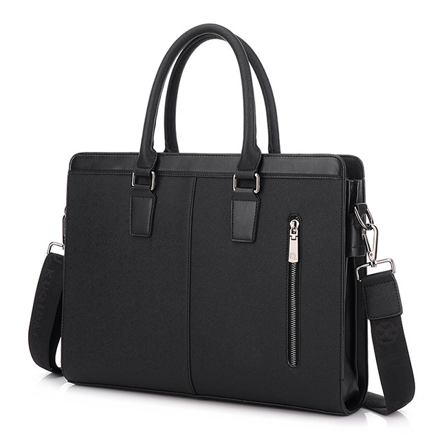 Cross pattern PU leather men's briefcase business handbag 14 inch laptop bag multi-layer professional men's bag