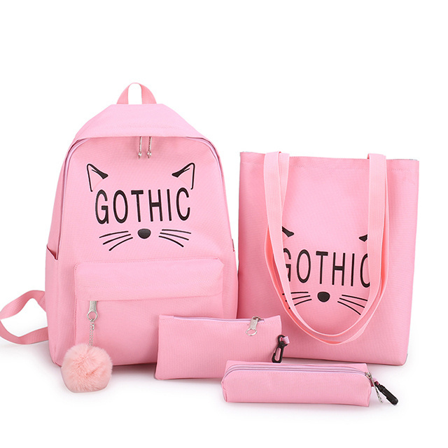 trending 2019 oem Factory wholesale women canvas backpack cute cat fashion leisure college wind girl bag set package School bag