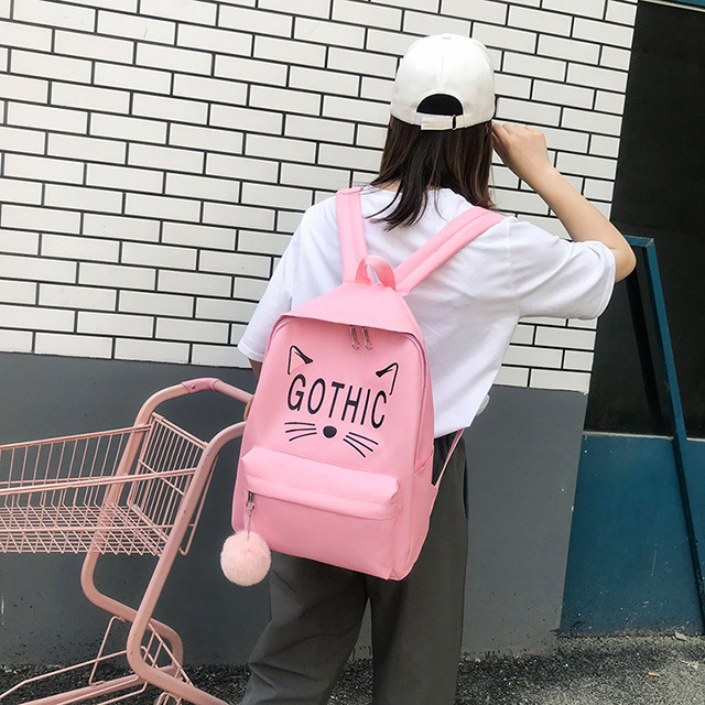 trending 2019 oem Factory wholesale women canvas backpack cute cat fashion leisure college wind girl bag set package School bag