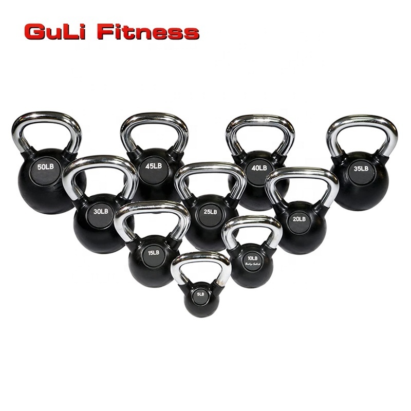 Custom Logo Black Rubber Coated Kettlebells With Chrome Handle Competition Kettlebell 32KG Cast Iron Kettle Bells