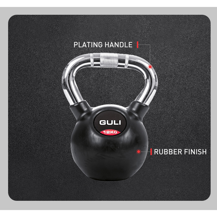 Custom Logo Rubber Coated Kettlebell With Chrome Handle Cast Iron Kettlebell Weight 32KG 50LB Chrome Kettle Bell