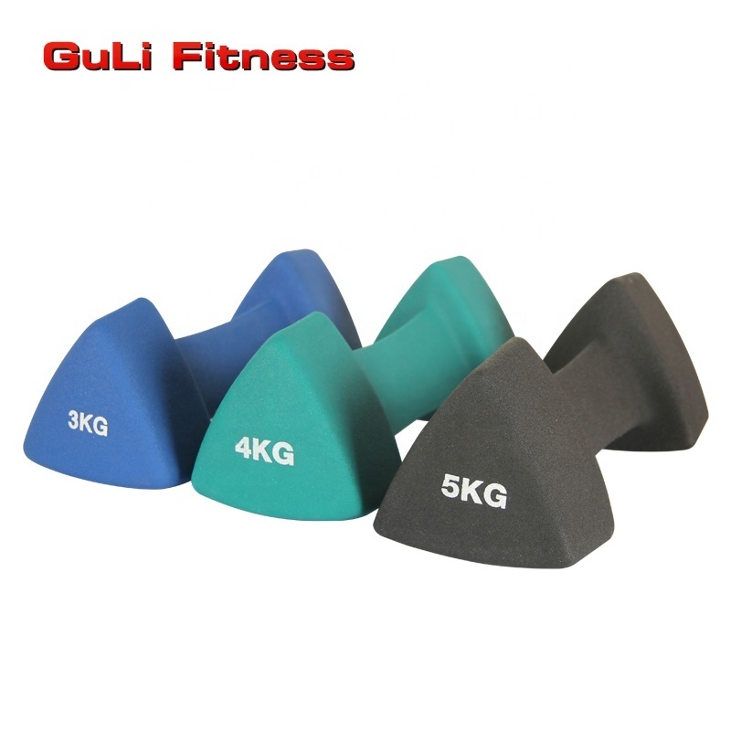 Multi Color Triangle Dumbbells 1/2/3/4/5kg PVC Neoprene Coated Cast Iron Solid Dumbbell Hex Vinyl Dipping Dumbbells