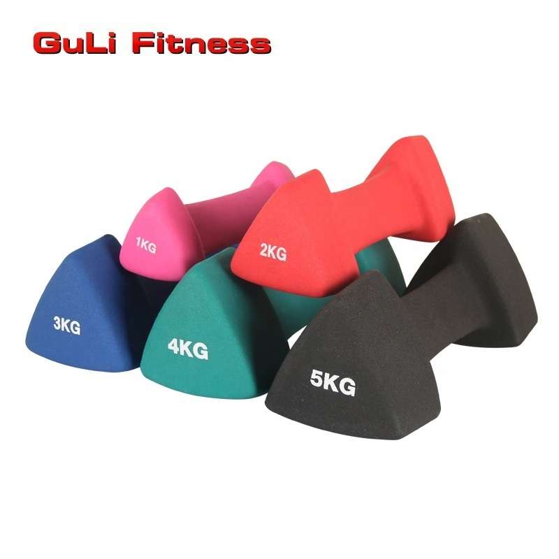 Multi Color Triangle Dumbbells 1/2/3/4/5kg PVC Neoprene Coated Cast Iron Solid Dumbbell Hex Vinyl Dipping Dumbbells