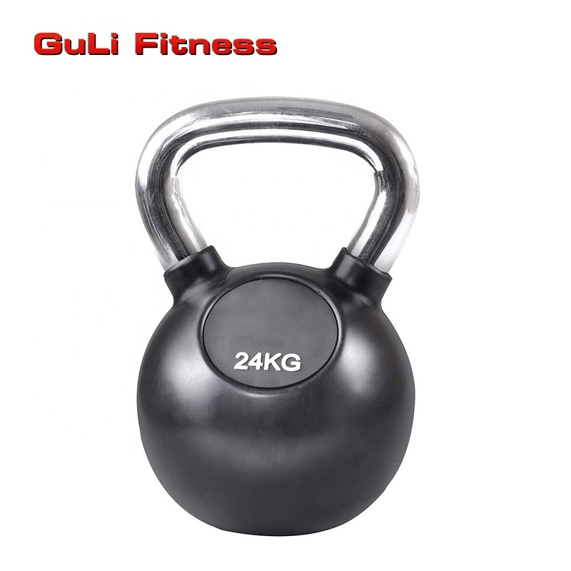 Custom Logo Black Rubber Coated Kettlebells With Chrome Handle Competition Kettlebell 32KG Cast Iron Kettle Bells