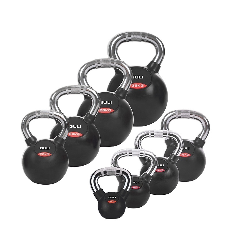 Custom Logo Rubber Coated Kettlebell With Chrome Handle Cast Iron Kettlebell Weight 32KG 50LB Chrome Kettle Bell