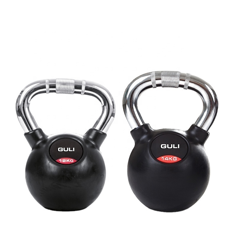 Custom Logo Rubber Coated Kettlebell With Chrome Handle Cast Iron Kettlebell Weight 32KG 50LB Chrome Kettle Bell