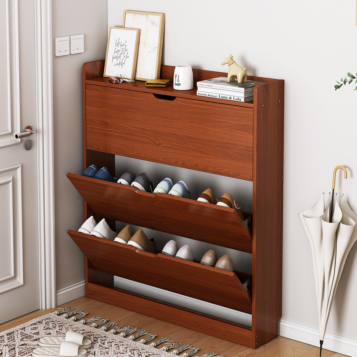 Modern Wooden Gray White Walnut Living Room Furniture Space Saving Shoe Rack Cabinet Large Capacity