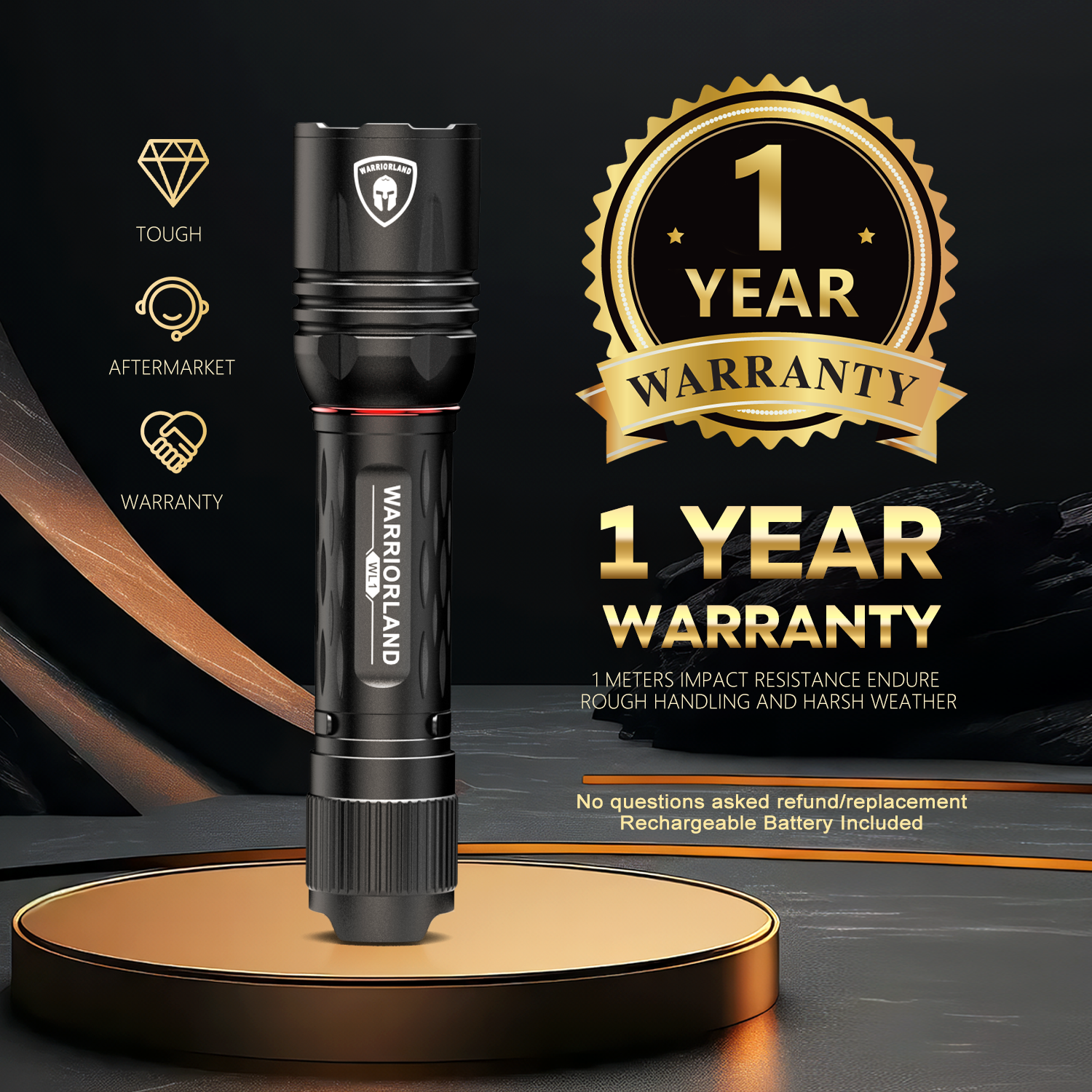 WARRIORLAND Tactical Flashlight 1600 Lumen Compact Handheld Flashlight with 3 ModesTactical light LED Light Rechargeable Battery