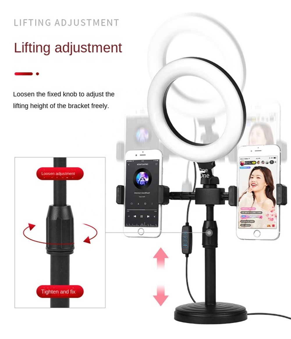 6 inch Mini Ring Light with Clip Clamp Mount Dual Mobile Phone Live Broadcast Stand Desktop Phone Holder