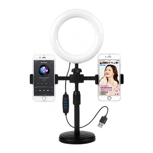 6 inch Mini Ring Light with Clip Clamp Mount Dual Mobile Phone Live Broadcast Stand Desktop Phone Holder