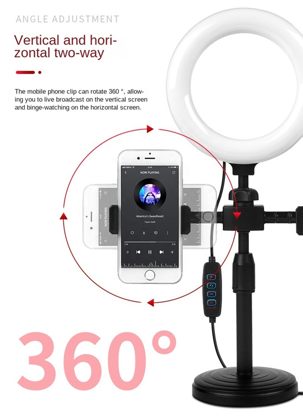 6 inch Mini Ring Light with Clip Clamp Mount Dual Mobile Phone Live Broadcast Stand Desktop Phone Holder