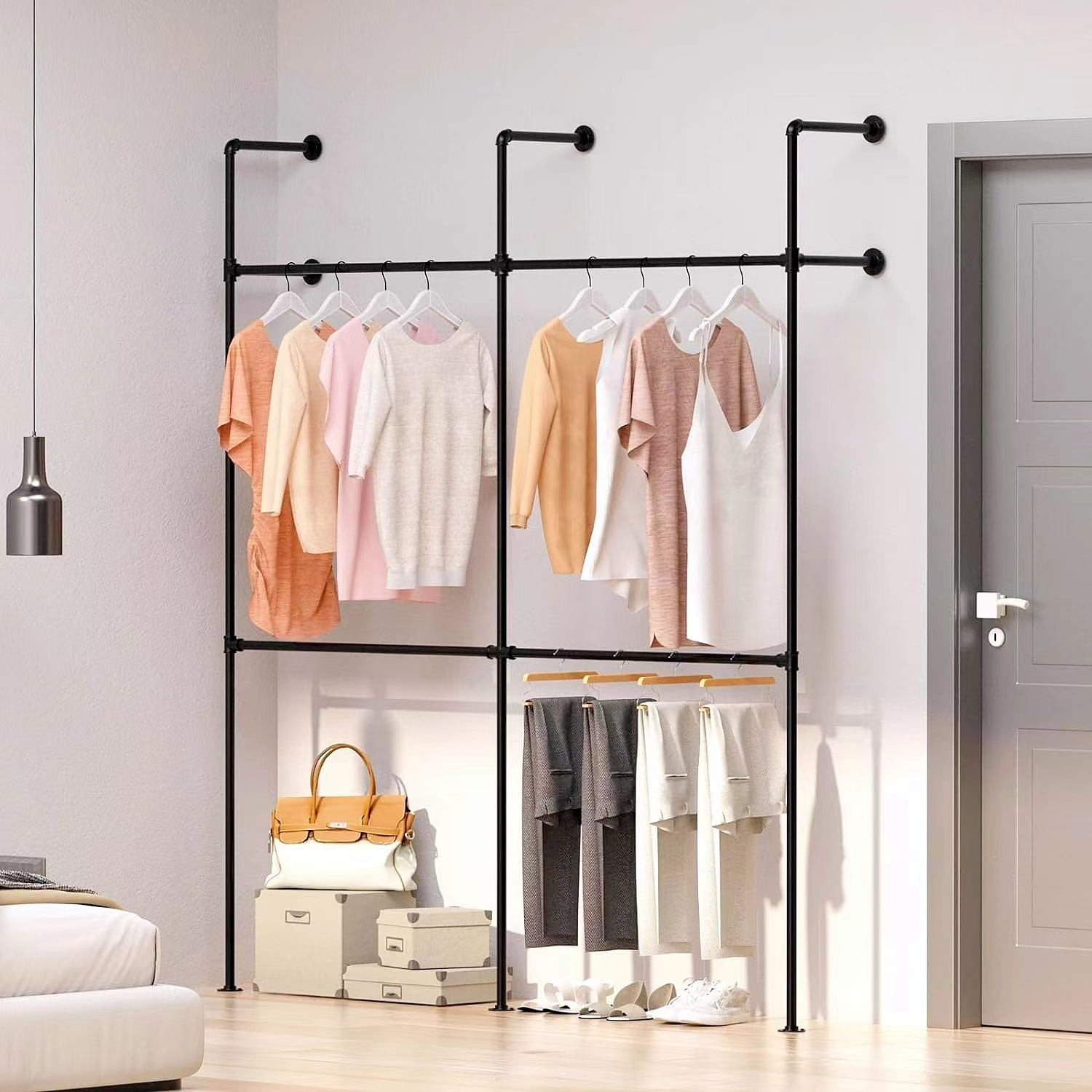 Industrial Pipe Clothing Rack Height Adjustable Garment Rack For Hanging Clothes,Heavy Duty Iron Clothes Rack With Double Rods