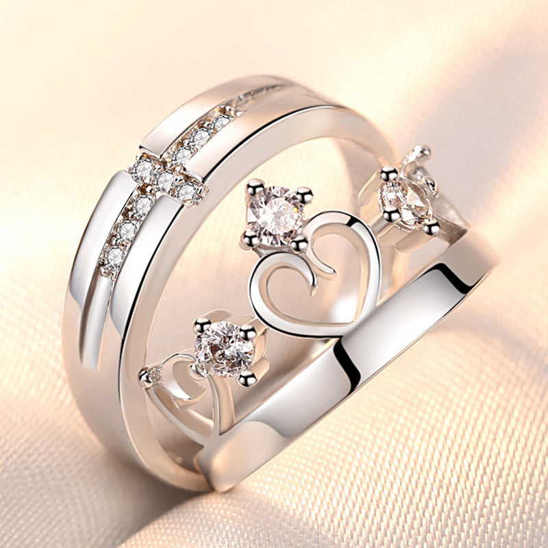 1Pair Crown Cross Zircon Crystal Couple Rings for Men Women Adjustable Wedding Jewelry For Couple