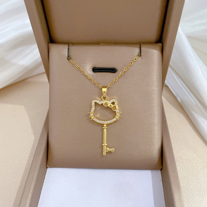 Fashion Gold Plated Stainless Steel Crystal Diamond Cute Cat and Bowknot Pendant Necklace for Women Girls Wedding Jewelry