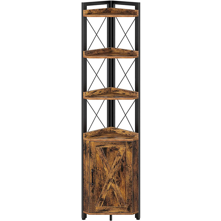 European style Corner Shelf 5-Tier with Storage, Rustic Corner Bookshelf with cabinet