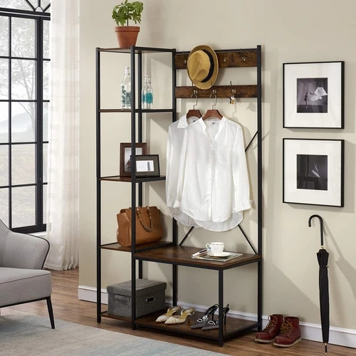 Design Metal Frame Coat Rac Rustic Brown Furniture Stylish Sturdy Wooden Coat shoe  Rack hat tree hallstand