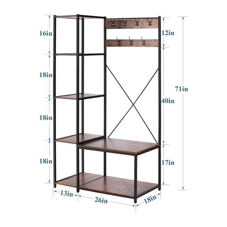 Design Metal Frame Coat Rac Rustic Brown Furniture Stylish Sturdy Wooden Coat shoe  Rack hat tree hallstand