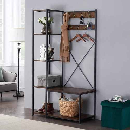 Design Metal Frame Coat Rac Rustic Brown Furniture Stylish Sturdy Wooden Coat shoe  Rack hat tree hallstand