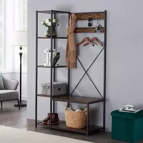 living room Multi-function Entryway Hall Tree storage Rack With 5 Hooks coat rack shoe bench set